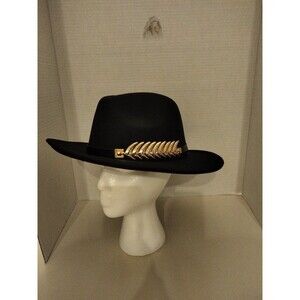 Black wide brim hat gold leaf band men women size 57 cm